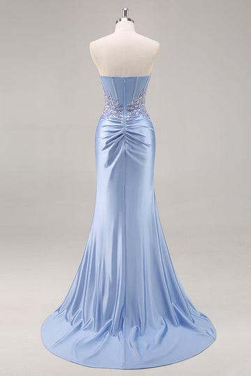 Blue Mermaid Strapless Sequin Long Prom Dress with Beading